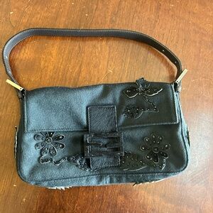 Vintage Black Ponyhair Fendi Baguette with Floral Beading
